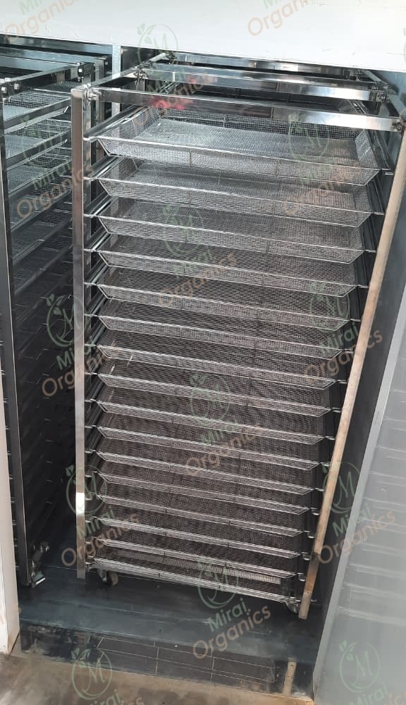 Stainless steel mesh trays loaded into a dehydrator